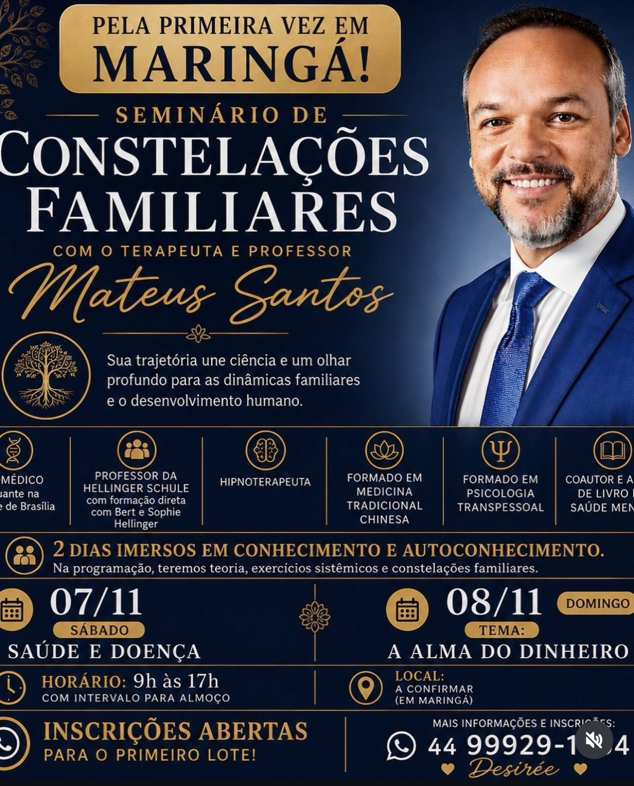 Cartaz do Seminário de Constelações Familiares com Mateus Santos em Maringá, nos dias 7 e 8 de novembro de 2026