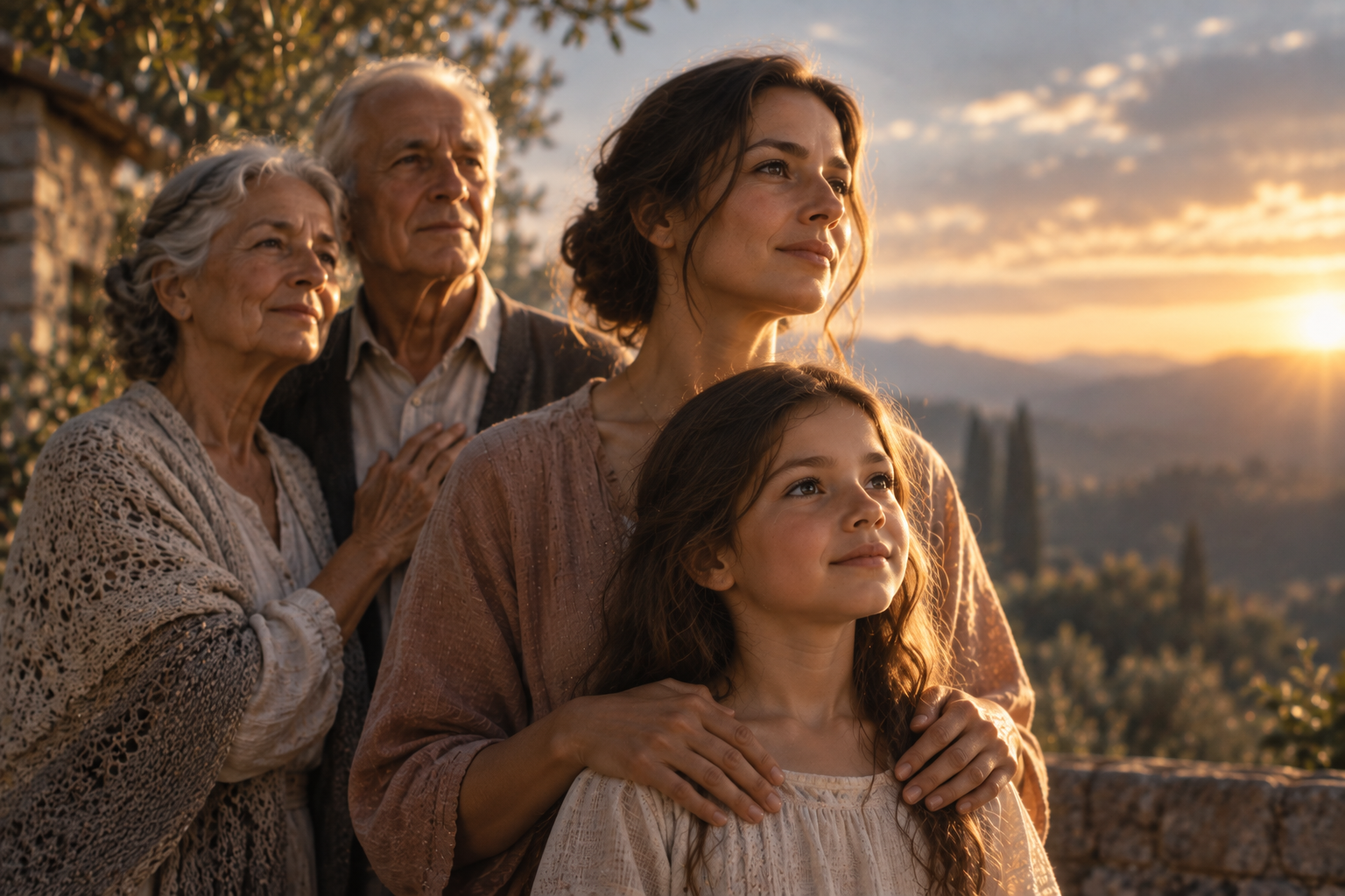Mãe e filha junto a uma geração mais velha, representando vínculos familiares